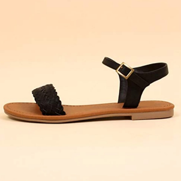 Black Braided Ankle Strap Flat Sandals - Picture 4 of 5